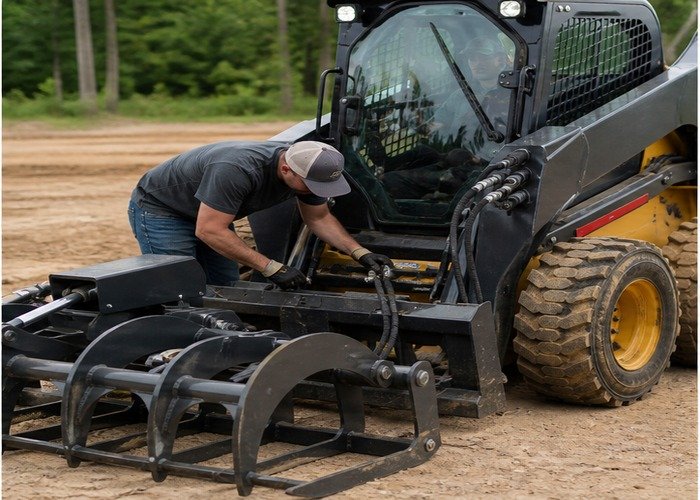 Operator checking clean hydraulic couplers and hose routing with the attachment grounded