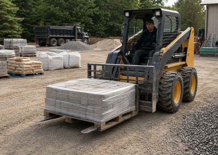 Skid steer carrying a low pallet of pavers with pallet forks across a gravel worksite