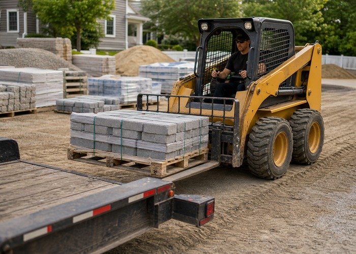 Skid steer pallet fork work for landscape blocks Skid steer using pallet forks to unload landscape blocks at a jobsite