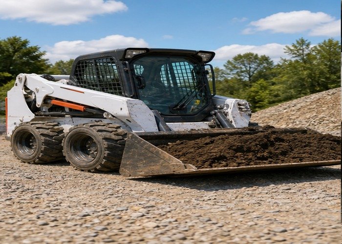 Skid steer with pneumatic tires carrying soil on a gravel jobsite