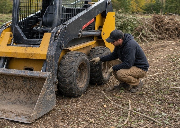 Skid steer sidewall and tread inspection Operator inspecting skid steer tire sidewall and tread after brush cleanup