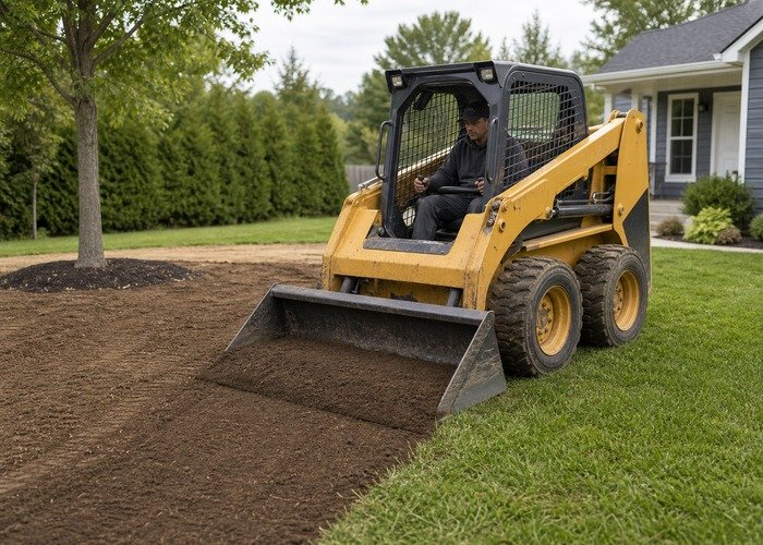 Skid steer using a smooth bucket to spread topsoil along a residential lawn edge