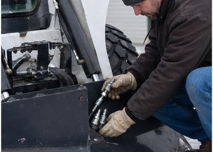 Operator inspecting skid steer snow attachment edge and hydraulic couplers before work Operator inspecting skid steer snow attachment edge and hydraulic couplers before work