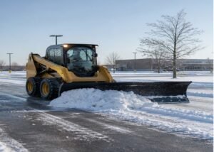 Enclosed-cab skid steer clearing a marked parking lane with a snow pusher