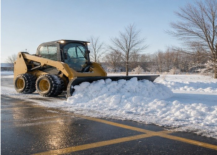 Skid steer building a modest snow windrow at the edge of a clear lot Skid steer building a modest snow windrow at the edge of a clear lot