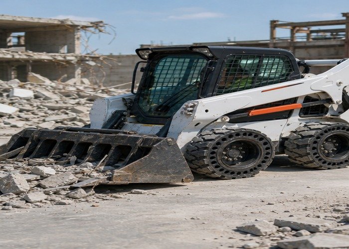Skid steer with solid industrial tires cleaning concrete debris on a controlled jobsite Skid steer with solid industrial tires cleaning concrete debris on a controlled jobsite