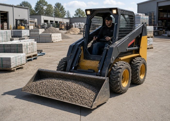 Skid steer tire contact during gravel work Skid steer carrying gravel on a hard surface with tire contact clearly visible
