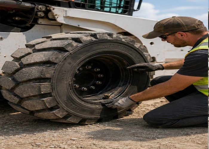 Operator inspecting skid steer tire tread sidewall and valve area before work Operator inspecting skid steer tire tread sidewall and valve area before work