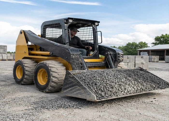 Wheeled skid steer moving gravel on a firm yard surface