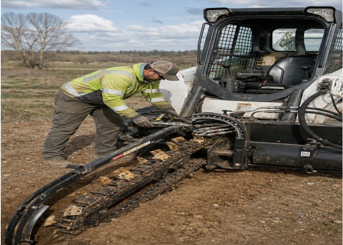 Operator checking hydraulic couplers chain teeth tension and depth indicator on a stopped skid steer trencher Operator checking hydraulic couplers chain teeth tension and depth indicator on a stopped skid steer trencher