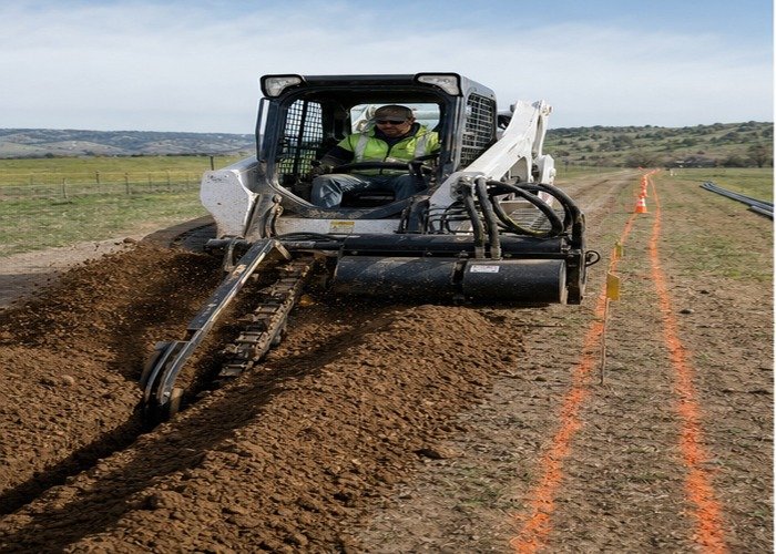 Skid steer chain trencher cutting a marked irrigation trench through rural soil