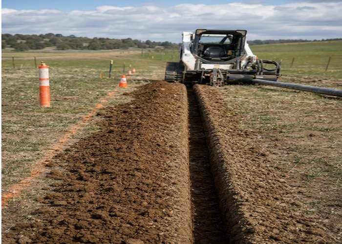 Clean narrow utility trench with spoil placed beside it and a skid steer parked at the end Clean narrow utility trench with spoil placed beside it and a skid steer parked at the end