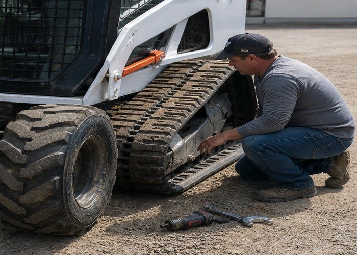 Operator inspecting skid steer tires and compact track loader undercarriage before work Operator inspecting skid steer tires and compact track loader undercarriage before work