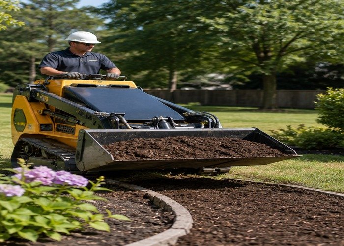 Compact skid steer carrying mulch low and stable near a garden edge Compact skid steer carrying mulch low and stable near a garden edge