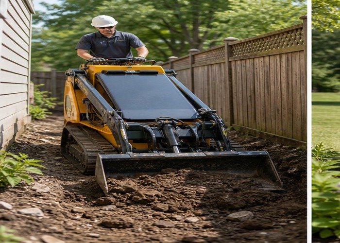 Compact stand-on skid steer digging soil in a narrow backyard access path