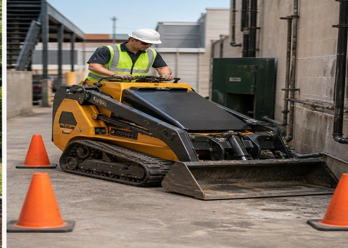 Compact skid steer turning in a tight service yard with cones marking clearance Compact skid steer turning in a tight service yard with cones marking clearance