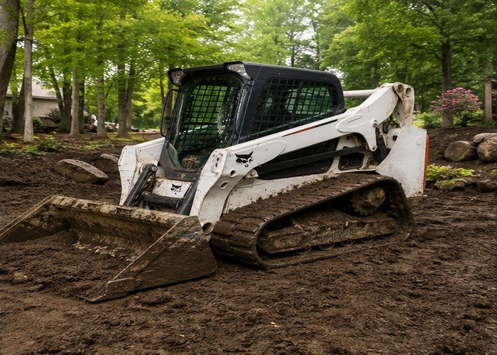 Compact track loader grading soft landscaping soil with low ground disturbance Compact track loader grading soft landscaping soil with low ground disturbance