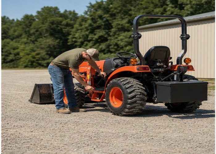 Operator inspecting rear ballast pins and tractor tire condition on level ground