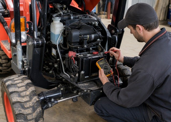 Operator testing a compact tractor battery with a multimeter during a no-start diagnosis