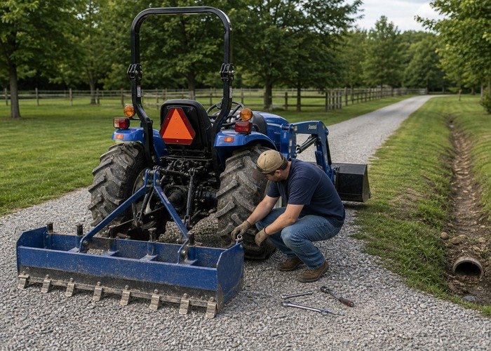 Box blade scarifier and top link check Operator checking box blade scarifiers and top link before another driveway pass