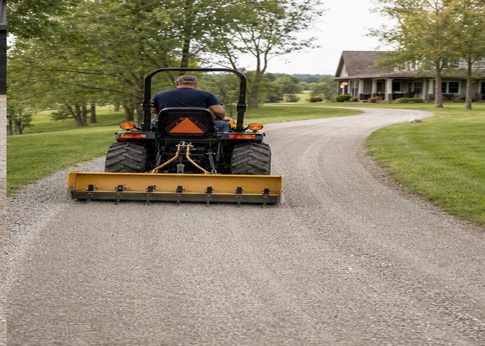Compact tractor making a final smoothing pass on a crowned gravel driveway Compact tractor making a final smoothing pass on a crowned gravel driveway