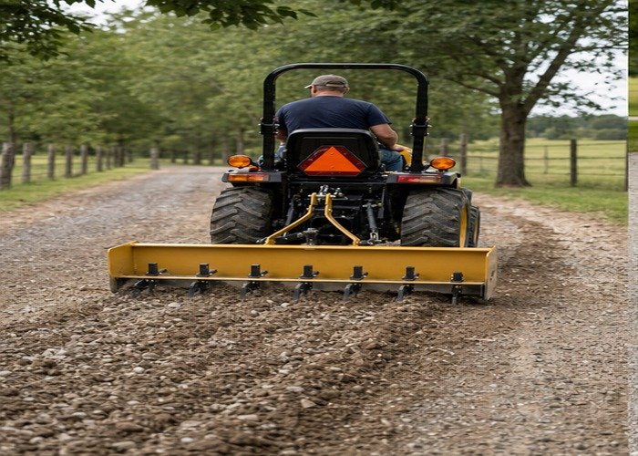 Compact tractor pulling a box scraper with scarifiers through a gravel driveway