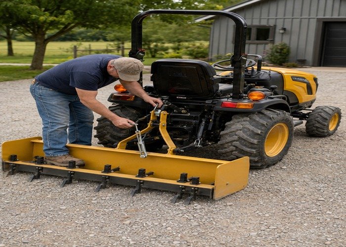 Operator adjusting top link and scarifier depth on a compact tractor box scraper Operator adjusting top link and scarifier depth on a compact tractor box scraper