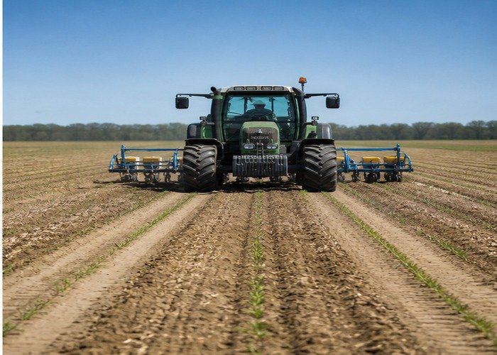 Tractor following planned traffic lanes across a dry field