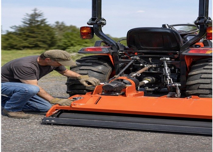 Operator checking a stopped flail mower PTO guard and rear roller height Operator checking a stopped flail mower PTO guard and rear roller height