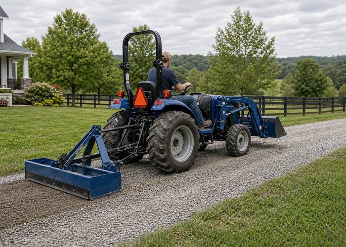 Gear tractor grading a gravel driveway with a box blade Compact tractor pulling a box blade along a gravel driveway for steady grading work