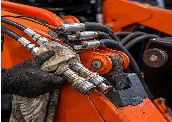 Technician cleaning hydraulic quick couplers and checking loader hoses