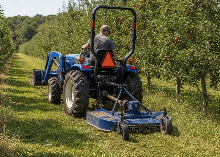 Hydrostatic tractor mowing around orchard trees Compact tractor maneuvering with a rear finish mower around orchard trees