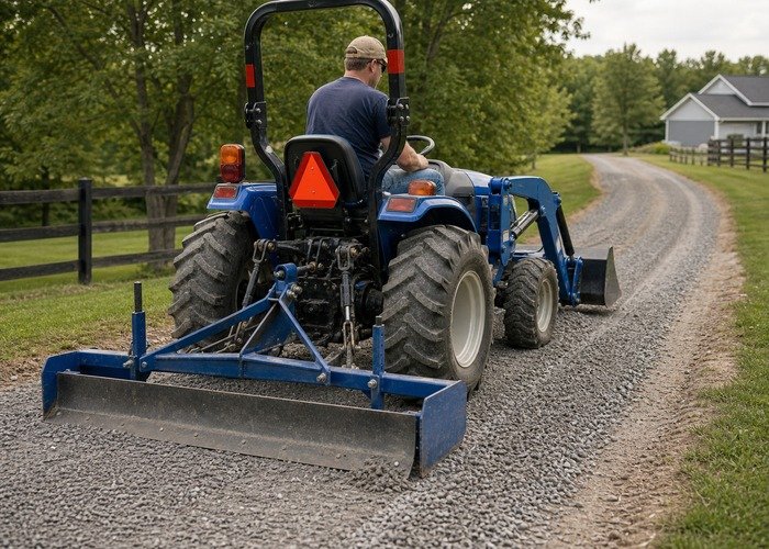 Land plane smoothing a gravel driveway Compact tractor using a land plane to smooth a crowned gravel driveway