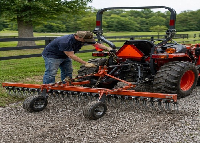 Operator adjusting top link rake angle and gauge wheels on a compact tractor landscape rake Operator adjusting top link rake angle and gauge wheels on a compact tractor landscape rake
