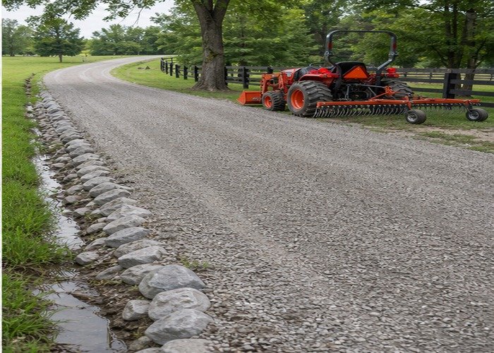 Smooth finished gravel lane with drainage edge and compact tractor parked nearby Smooth finished gravel lane with drainage edge and compact tractor parked nearby