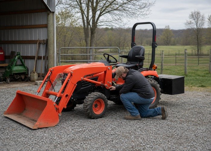 Owner checking compact tractor loader pins, tire condition, and rear ballast on a gravel pad