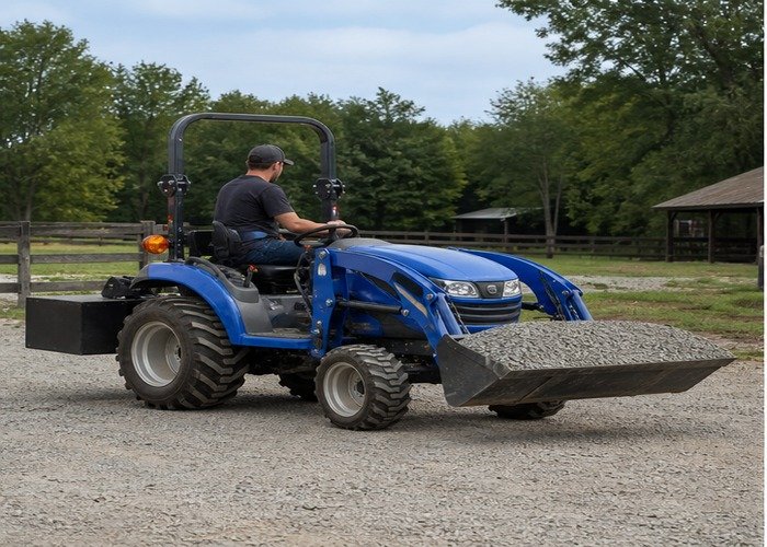 Compact tractor carrying gravel low with a rear ballast box on a level rural lane