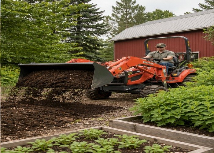 Compact tractor gently dumping soil near raised beds and shrubs Compact tractor gently dumping soil near raised beds and shrubs