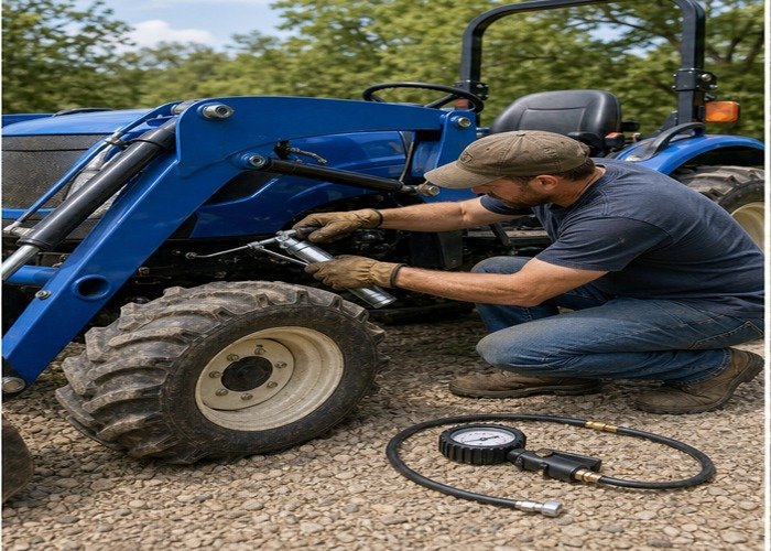 Operator greasing compact tractor loader pins and checking tire pressure before field work