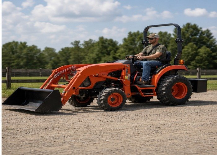 Compact tractor traveling slowly with a low bucket and stable rear ballast