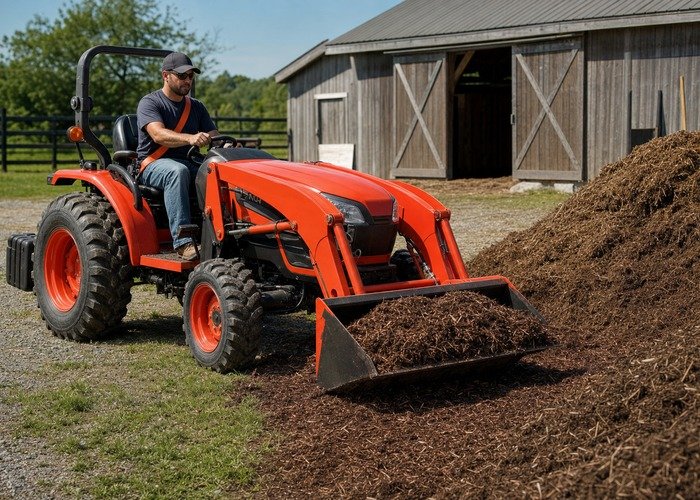 Compact tractor loader work with rear ballast Compact tractor using a low front loader bucket near a mulch pile with rear ballast visible