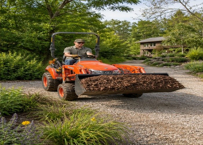 Compact tractor carrying mulch in the loader bucket along a gravel path Compact tractor carrying mulch in the loader bucket along a gravel path
