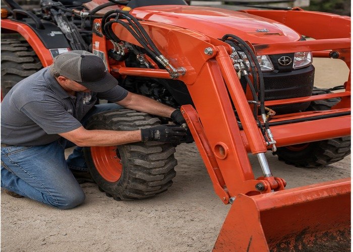 Operator inspecting loader pins grease points and hydraulic hoses with bucket grounded