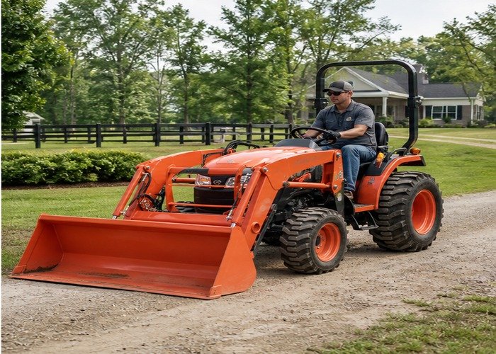 Compact tractor loader working calmly after linkage inspection and greasing