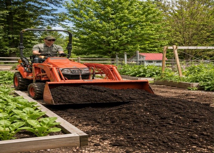 Compact tractor loader scooping topsoil beside raised garden beds
