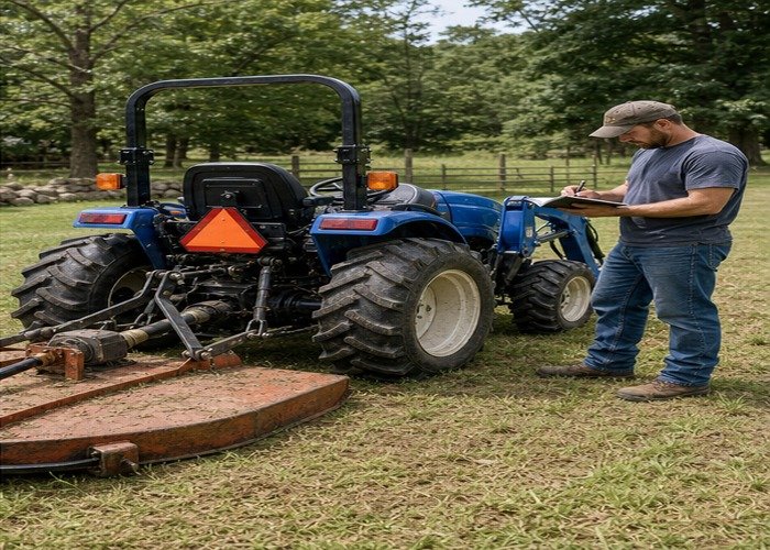 Compact tractor with rear mower attachment while owner updates a maintenance log after work