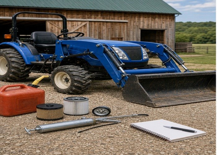 Compact tractor with fuel filters grease gun and notebook prepared for annual ownership cost planning