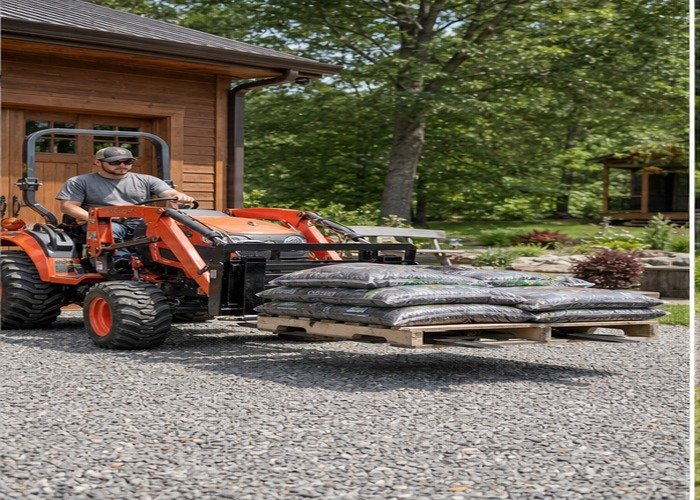 Compact tractor pallet forks lifting a small pallet of bagged soil from a gravel yard