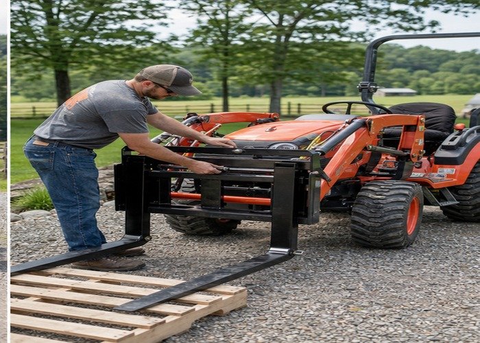 Operator checking fork spacing locking pins and load balance before moving a pallet Operator checking fork spacing locking pins and load balance before moving a pallet