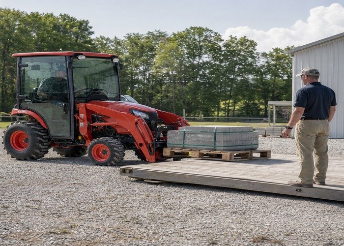 Compact tractor placing a modest pallet on a low platform with a clear work zone
